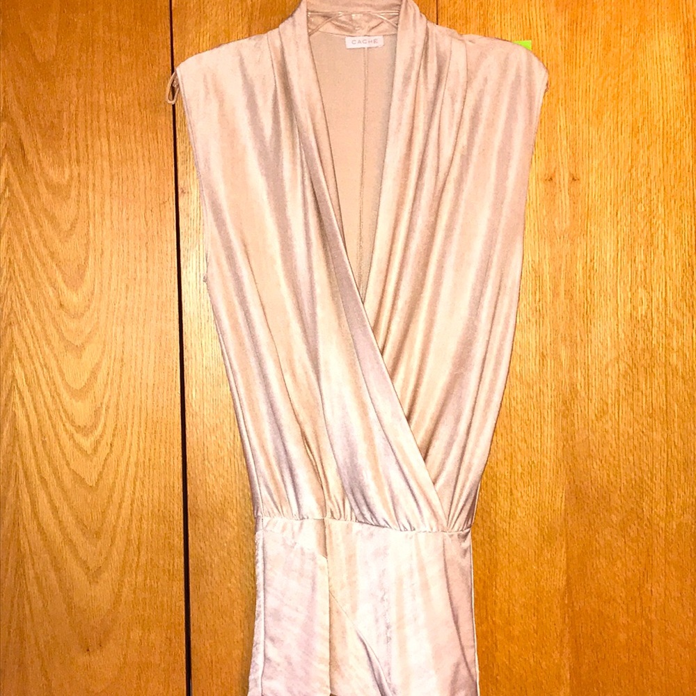 RARE Cache VINTAGE USA ivory sleeveless draped V neck S shimmer top tunic EUC